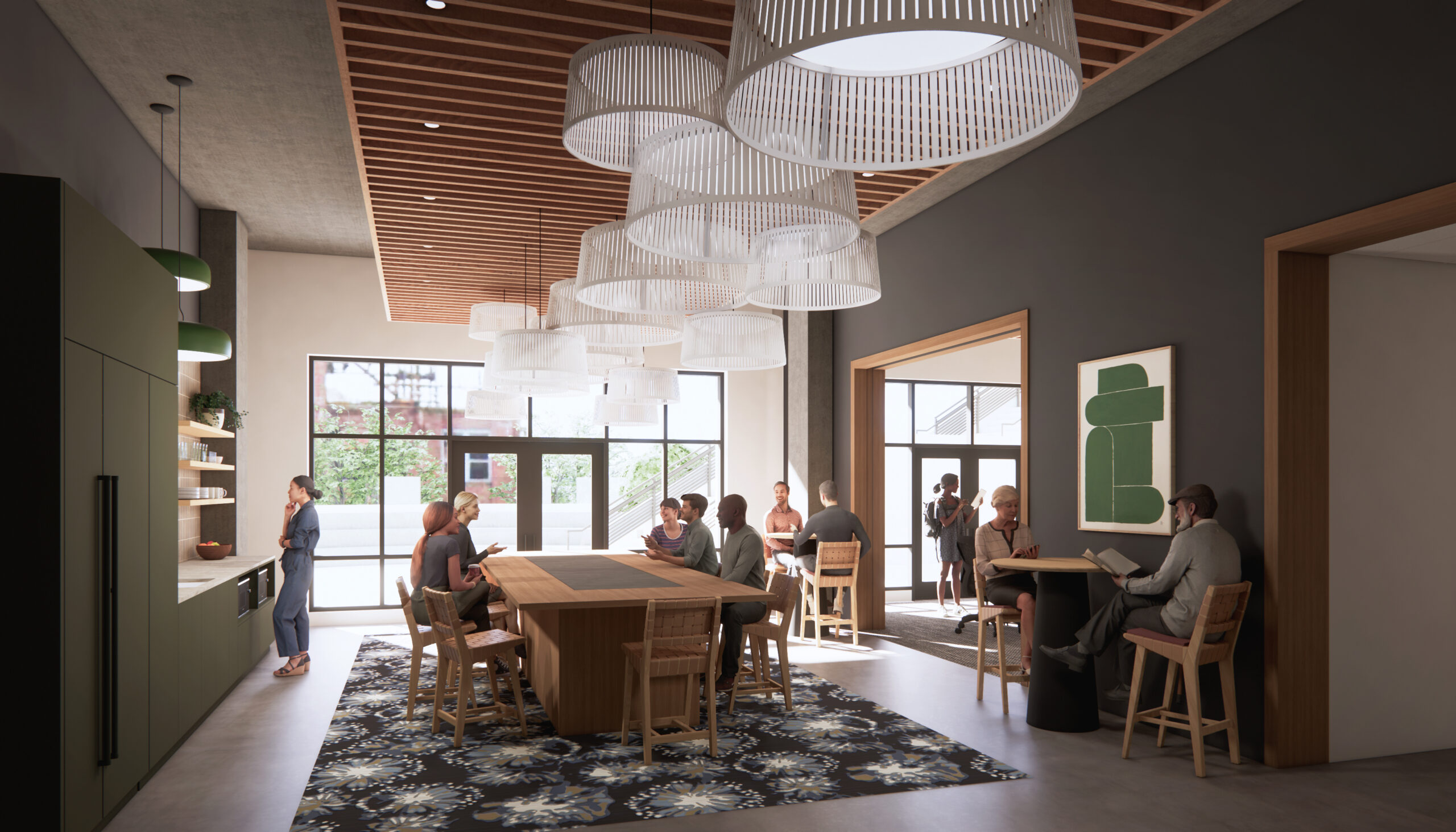 Rendering of the Millworks coworking space with people at desks