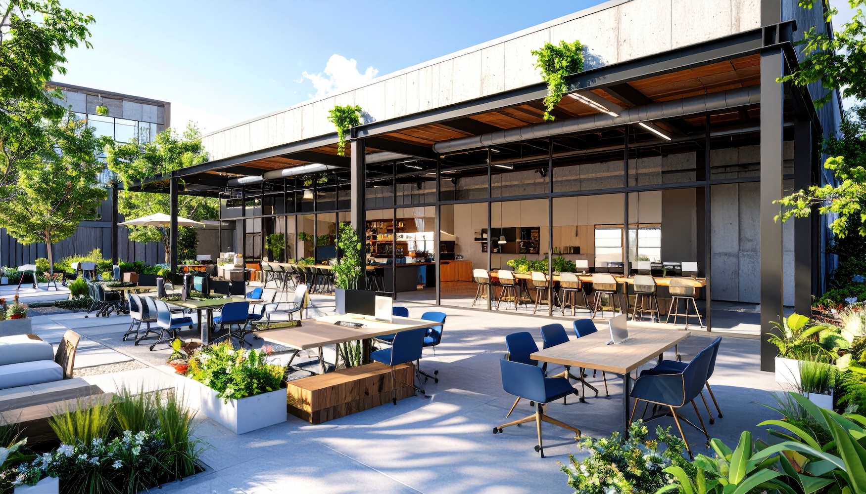 Modern outdoor coworking space with tables, chairs, and greenery
