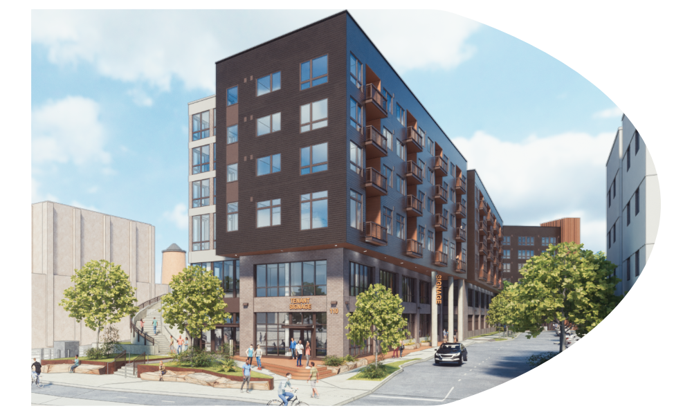 Rendering of The Millworks exterior which people outside